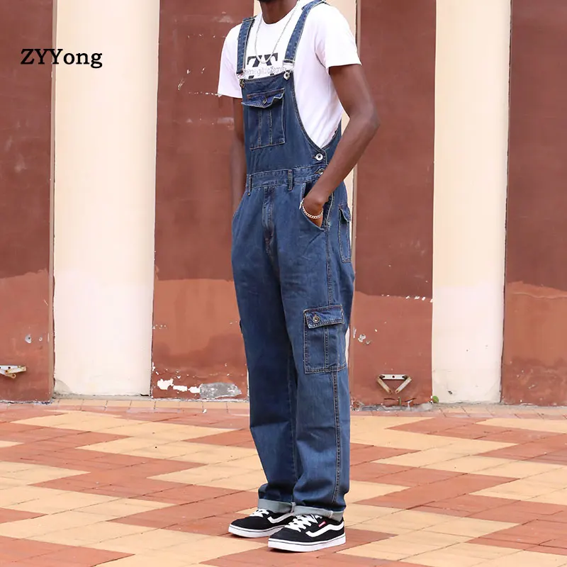ZYYong European American tide brand hip-hop one-piece denim overalls men's Japanese retro loose pockets large size 30-46