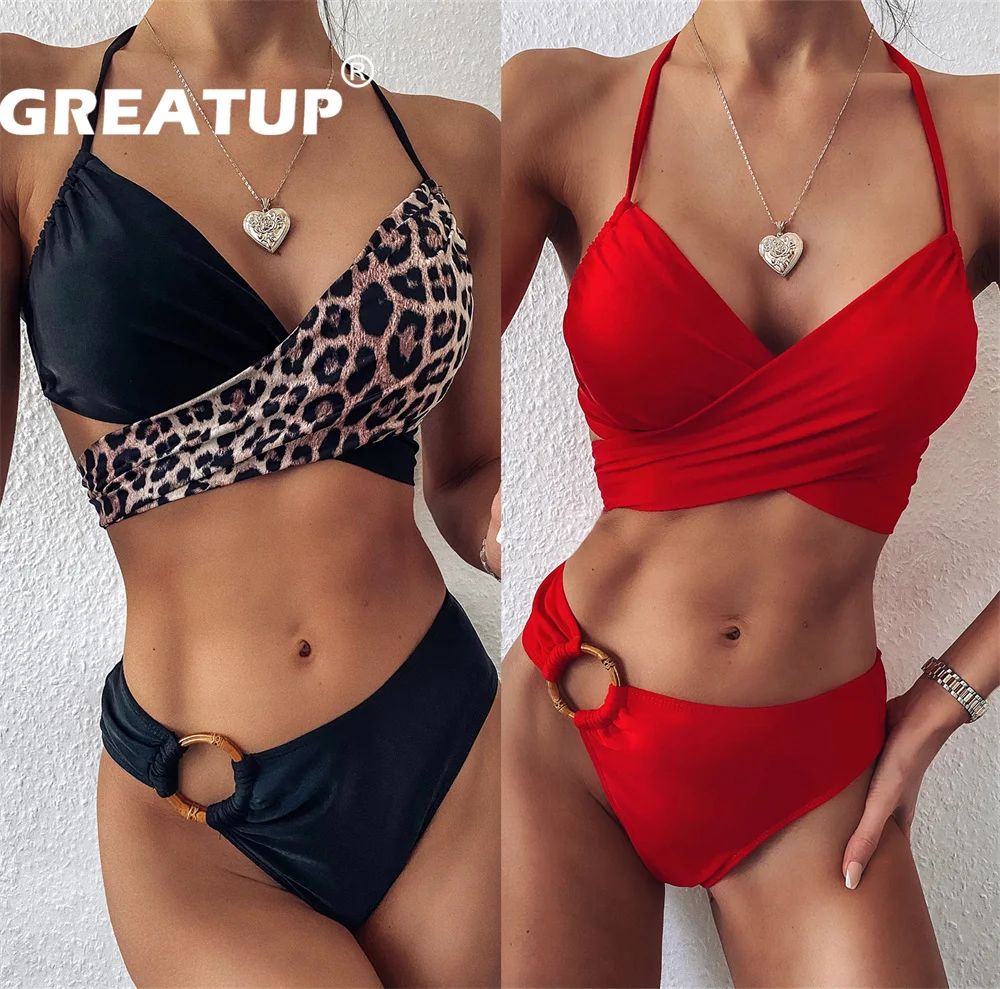 

GREATUP Sexy Women Bikinis One Shoulder Bandeau Sling Rings Swimsuits Beachwear High Waist Ribbed Bathing Suit Leopard Print