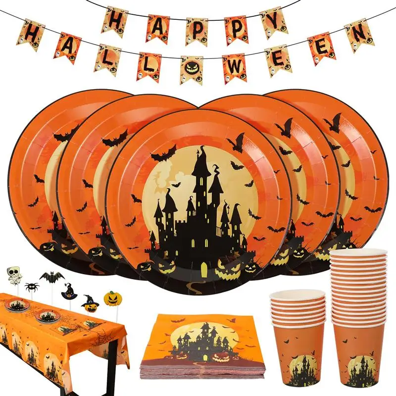 

1 Set Halloween Disposable Party Tableware Paper Plate Cup Napkin Cake Topper Banner Tablecloth Party Decoration Supplies