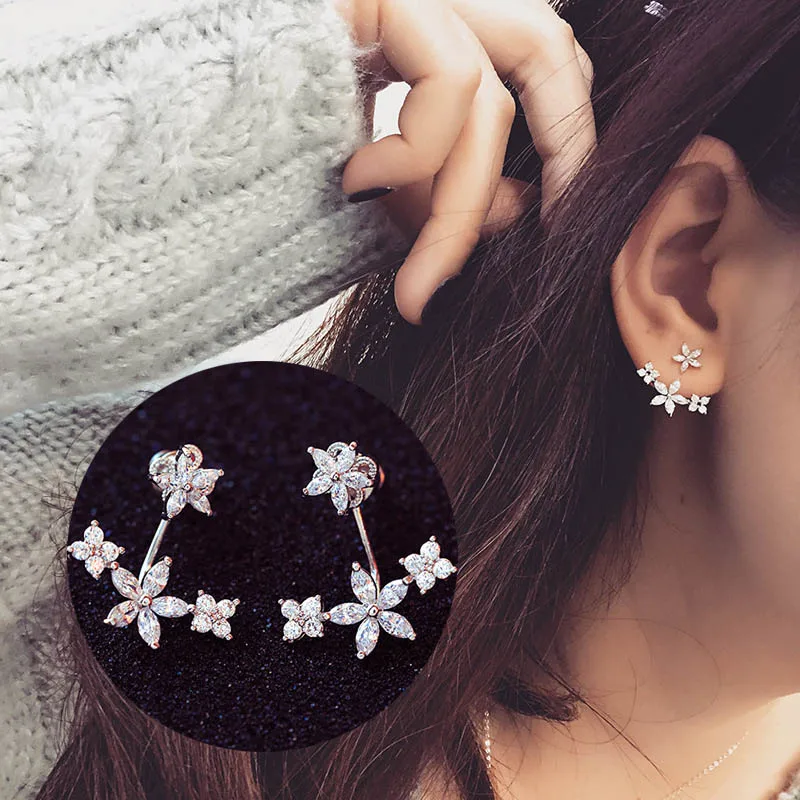 Роскошный прозрачный CZ цирконивый цветок двойные серьги гвоздики двусторонние