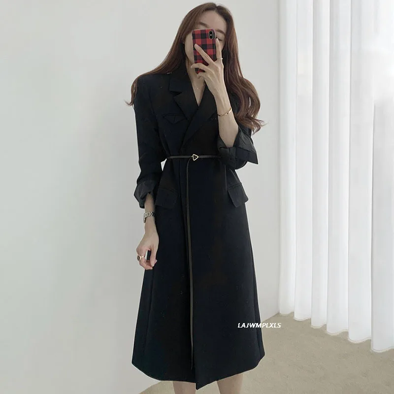 

Korean Minimalist Long Trench Coat Women Elegant OL Outwear 2021 New Spring Autumn Overcoat Suit Collar Windbreaker with Belt