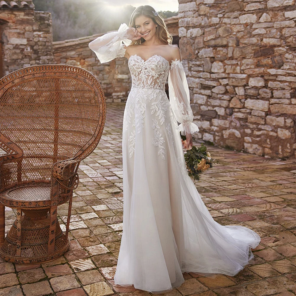 

Boho A-Line Sweetheart Detachable Sleeve Wedding Dress 2021 Lace Appliques Sweep Train Tulle Bridal Gowns Vestidos De Novia