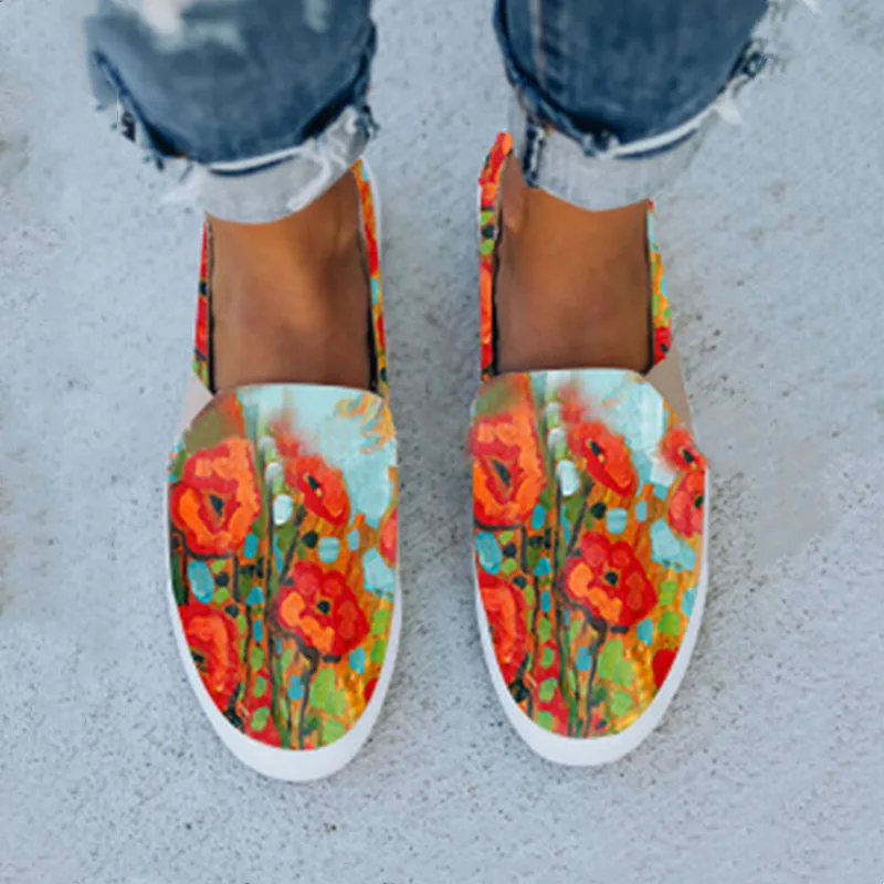 

Women Flat Shoes Fashion Casual Splicing Printed Ladies Canvas Shoes Large Size Soft and Comfortable Single Female Shoes