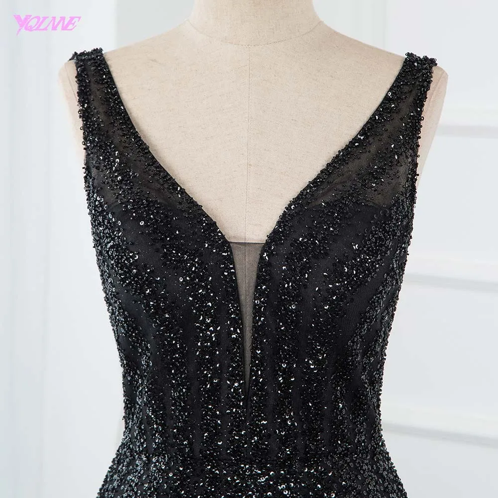 Сексуальные черные вечерние платья YQLNNE с V-образным вырезом и бисером длинное