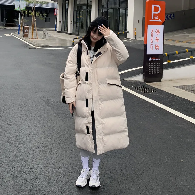 

Winter Mid-Length Parkas Women Harajuku ins Streetwear Loose Thick Warm Down Cotton Jacket Female Vintage Hooded Oversized Coats