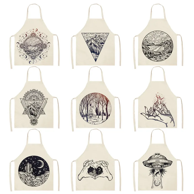 

Mountain Kitchen Aprons Black White Women Printed Sun Moon Sleeveless Cotton Linen Aprons Cleaning Tools