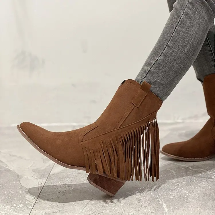 

Sexy Genuine Leather Fringe Mid-Calf Boots Round Toe Thick Heels Shoes For Women Winter Newest Party Dancing Shoes Woman
