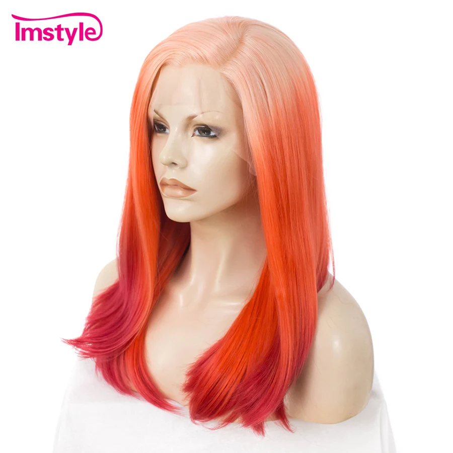 Imstyle Ombre оранжевый красный парик прямой синтетический кружевной передний парик для женщин Термостойкое волокно три тона маскарадный парик для вечеринки 22"