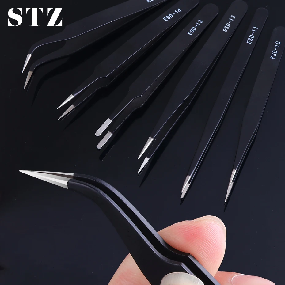 

STZ Curved Straight Tweezer Nail Rhinestones Picking Tool Anti-static Tweezers For Eyelash Extensions Nail Accessories ESD10-15
