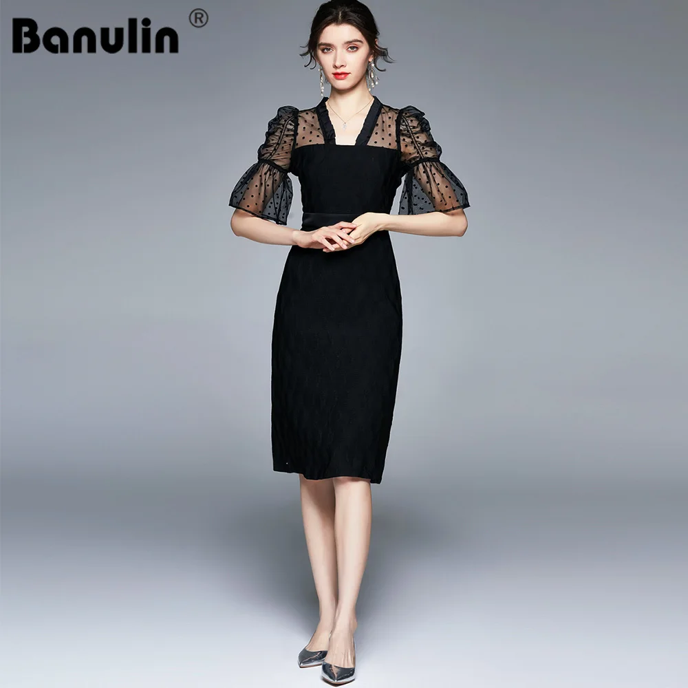 

Runway Summer OL Pencil Dress High Quality Women Mesh Wave Point Patchwork Black V-Neck Flare Sleeve Bodycon Dress N76122
