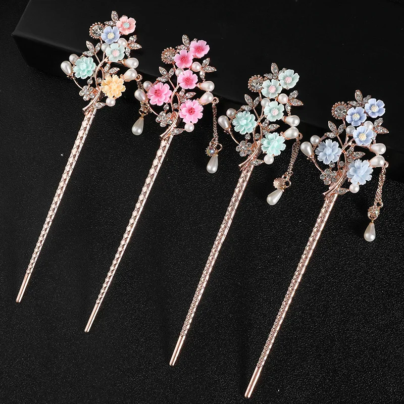 

China Classical Style Flower Leaves Tassels Metal Hair Sticks Hairpin Pearl Hair Pins Wedding Party Headwear Hair Accessories