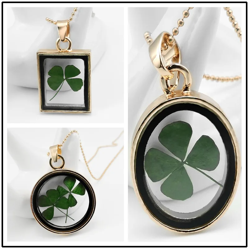 

Natural Real Dried Clover Flower Clear Resin Locket Pendant Necklace Four-Leaf Missing You Good Lucky Necklace for Women Jewelry