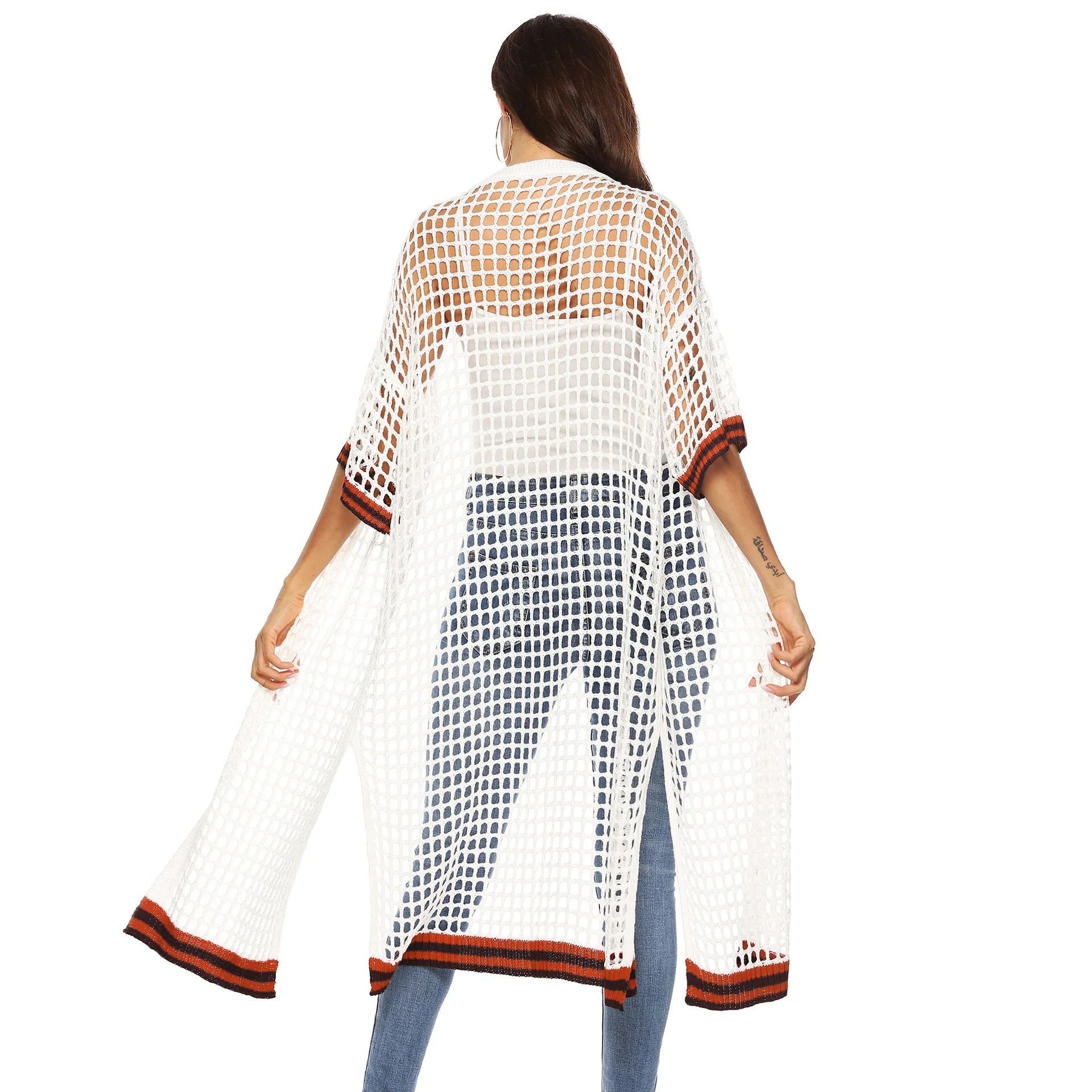 

Fashion Hollow Women Long Blouse Black White High Streer Summer Cardigan Sexy Ladies Side Split Ladies Top Causal Beachwear Tops