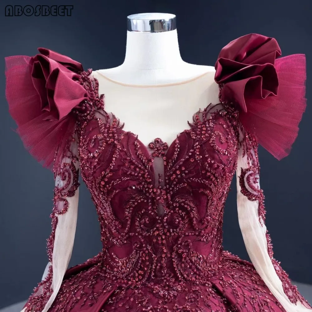 

Ball Gown Prom Dress Long Burgundy Evening Gowns for Women Elegant Ball Long Sleeve Scoop Collar with Train Beads Top Lace Up