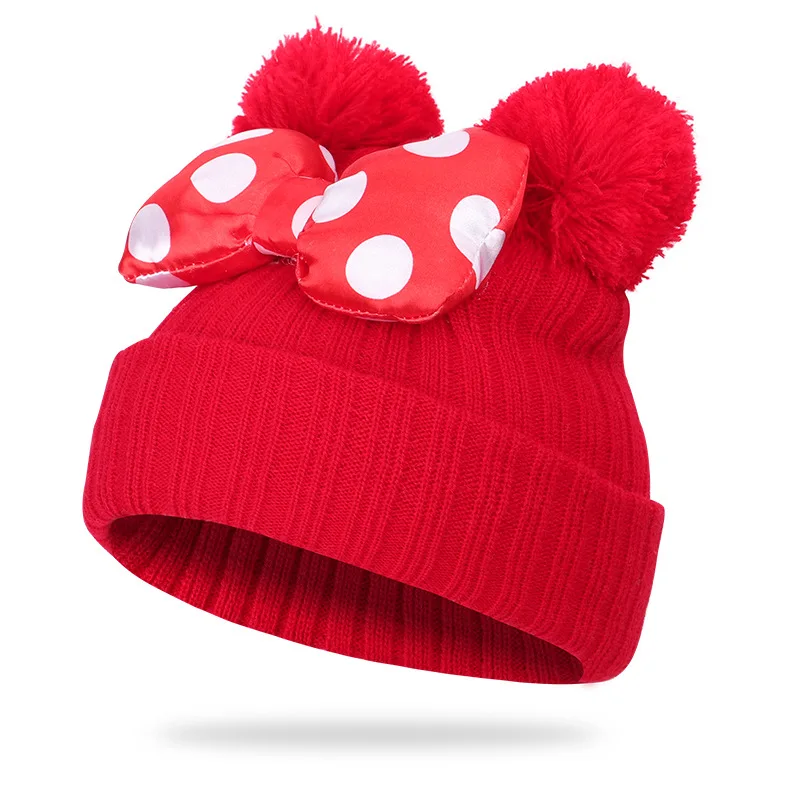 Зимняя детская Шапка-бини Skullies, вязаная шапка с Минни и бантом, Шапка-бини для маленьких мальчиков и девочек, Теплая двойная шапка с помпоном, Z109
