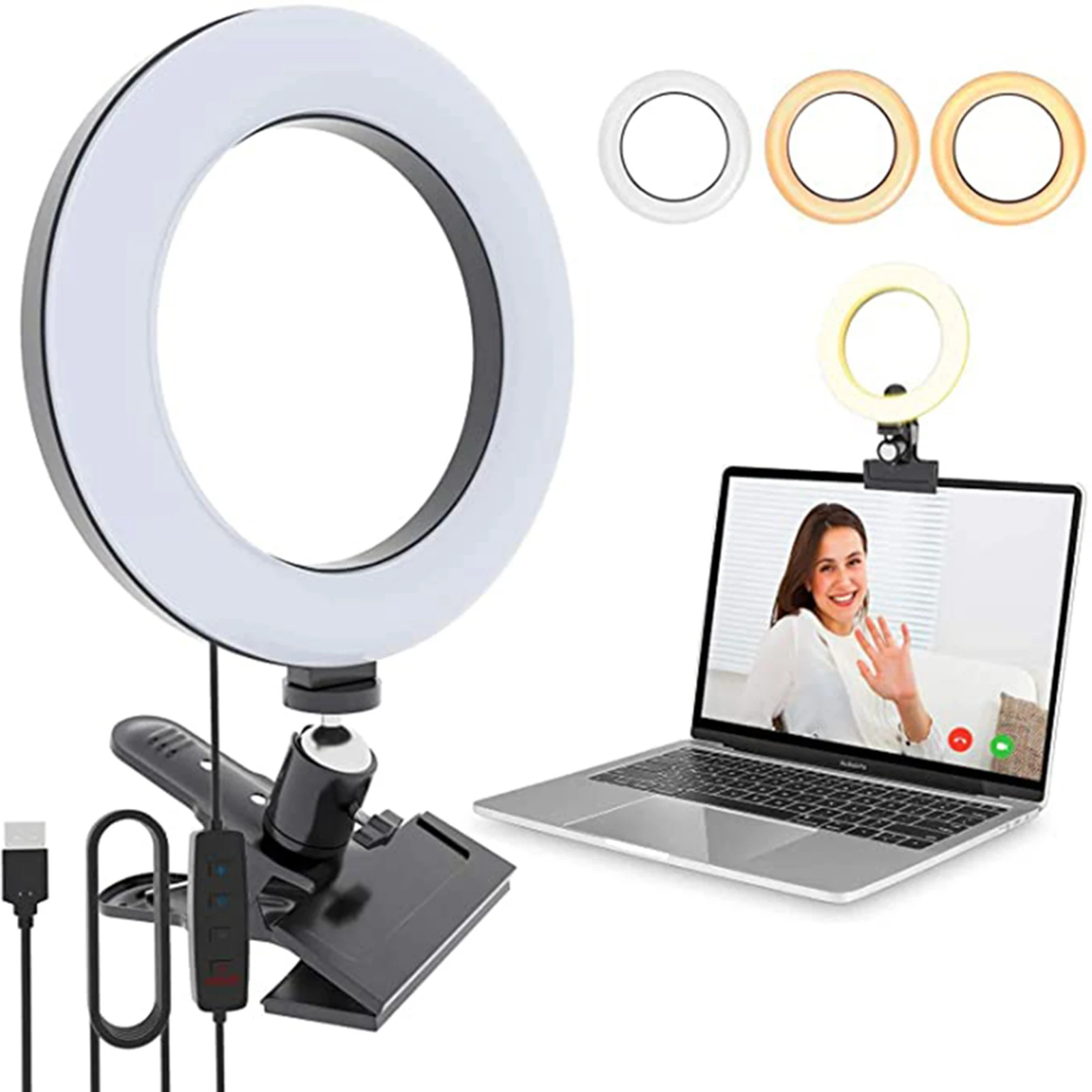 

Video Conference Lighting 6" 4.5" Selfie LED Ring Light with Clip 3 Light Modes USB Dimmable Webcam Live Stream Light DO