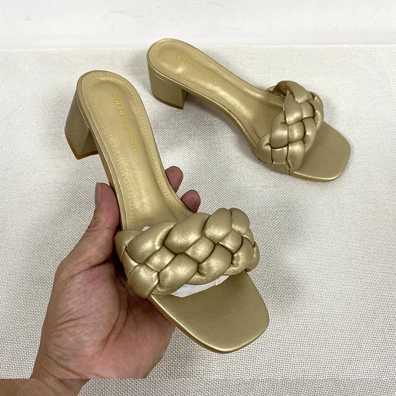 

Summer Solid Weave Women Square Heel Sandal 2021 Summer New Fashion Thick High Heels Outdoor Party Slides Ladies Sandals Shoes