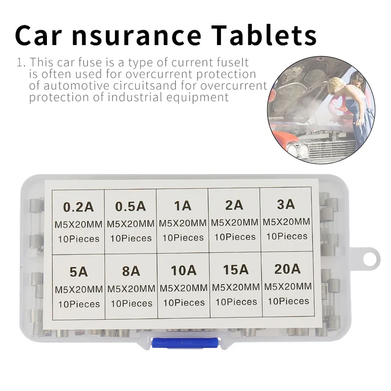 

100pcs/ Set 5x20mm Fast-acting Glass Tube Fuse Assorted Kits 0.2A 0.5A 1A 2A 3A 5A 8A 10A 15A 20A with Transparent Storage Box