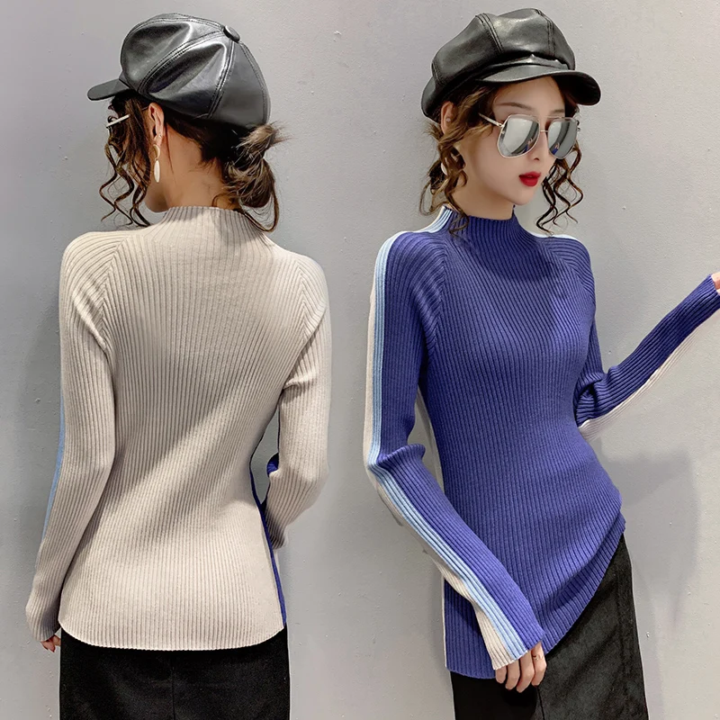 

New Style Western Style Half High Collar Front and Back Different Color Bottom Sweater Women's Autumn and Winter Stretch Sweater