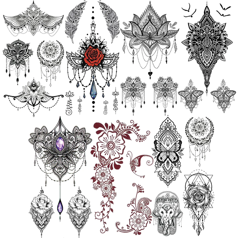 Временная татуировка с совой черной хной для женщин Ювелирное Украшение 3D розой