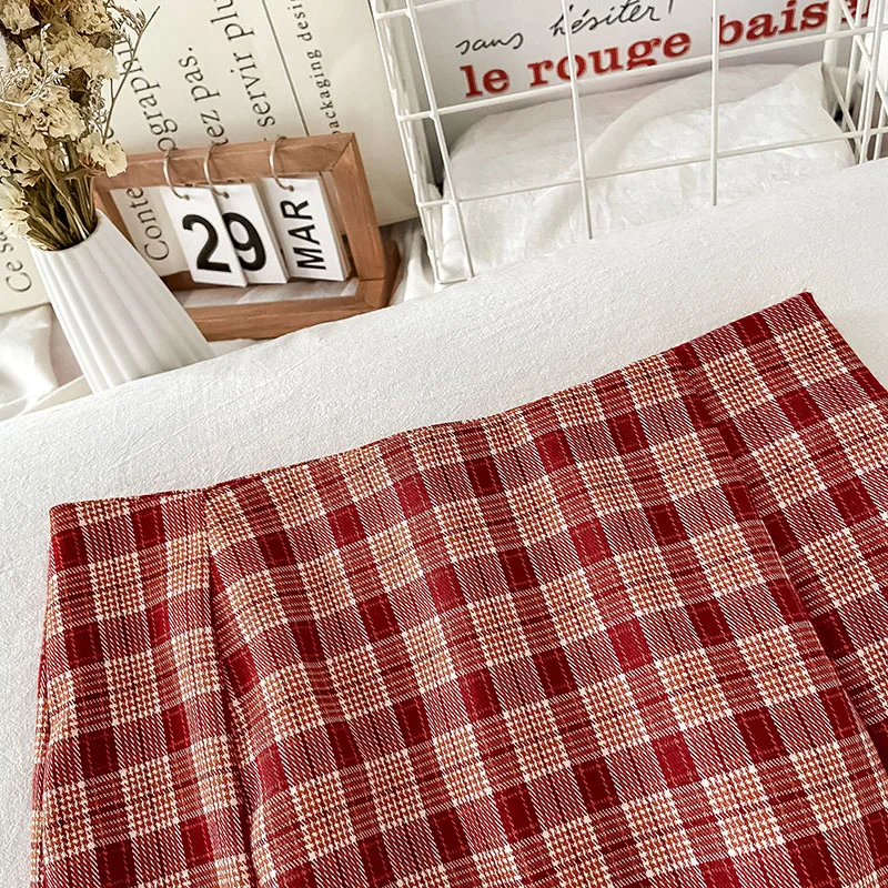 

Women Skirt Sets Short Sleeve Tees and Red Plaid Mini Skirts College Students All-match Casual Two Pieces Korean Style Retro New