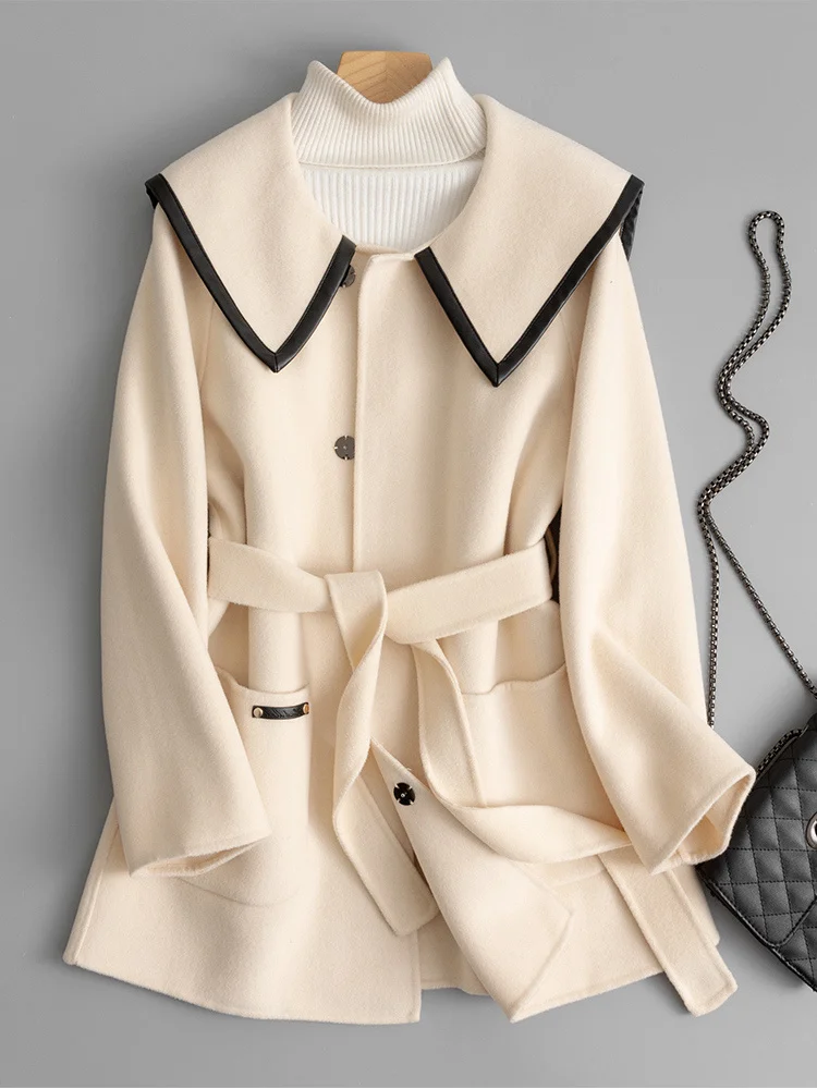 

High End Double Faced Cashmere Overcoat Women's Small Short 2021 Autumn and Winter New Navy Collar Waist Woolen Jacket