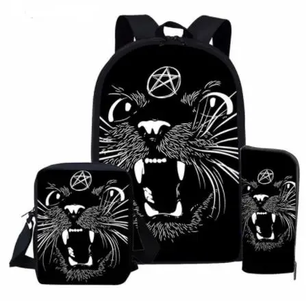 3Pcs/Set School Rucksack Children Backpack Gothic Moon Phase Black Cat Print Large Capacity Schoolbag for Teenager Girls | Багаж и сумки
