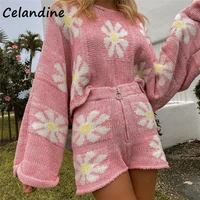 celandine tracksuit women 2021 lounge wear floral print knit shorts set long sleeve sweater tops and mini shorts two piece set