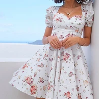 2021 new summer sexy square collar white printing mini dress woman puff sleeve high waist party holiday a line dress