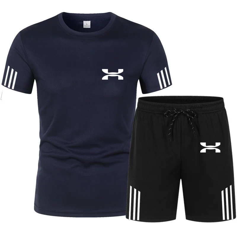 

2021New men's T-shirt shorts suit summer breathable casual round neck sports running Harajuku printing men's sports suit M--5XL