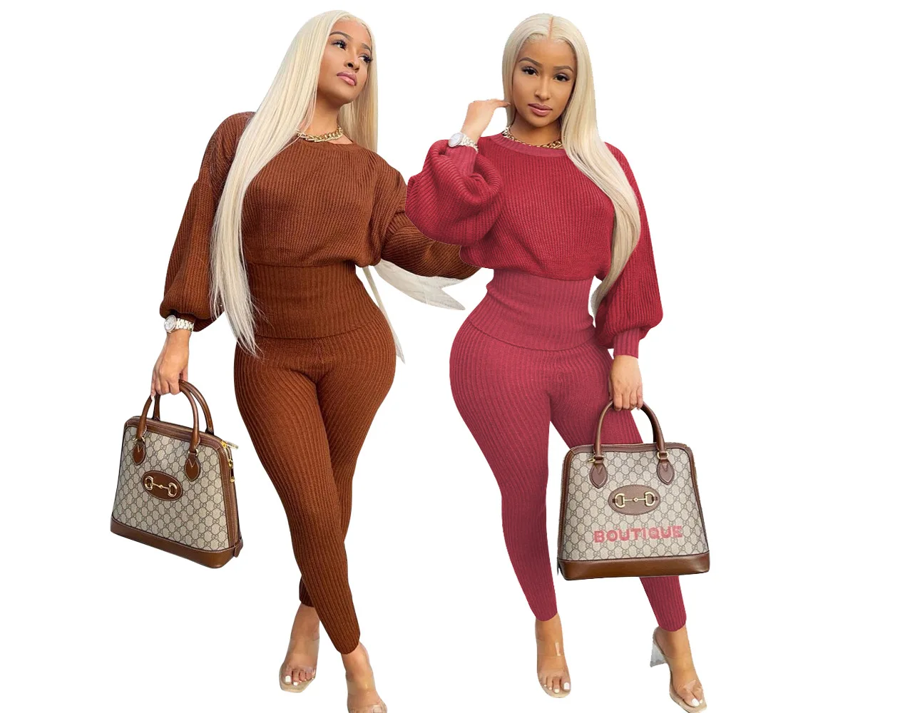 

Winter Ribbed Women Two Piece Set Outfits High Waist Tunic Sweater and Pants Set Street Tracksuit