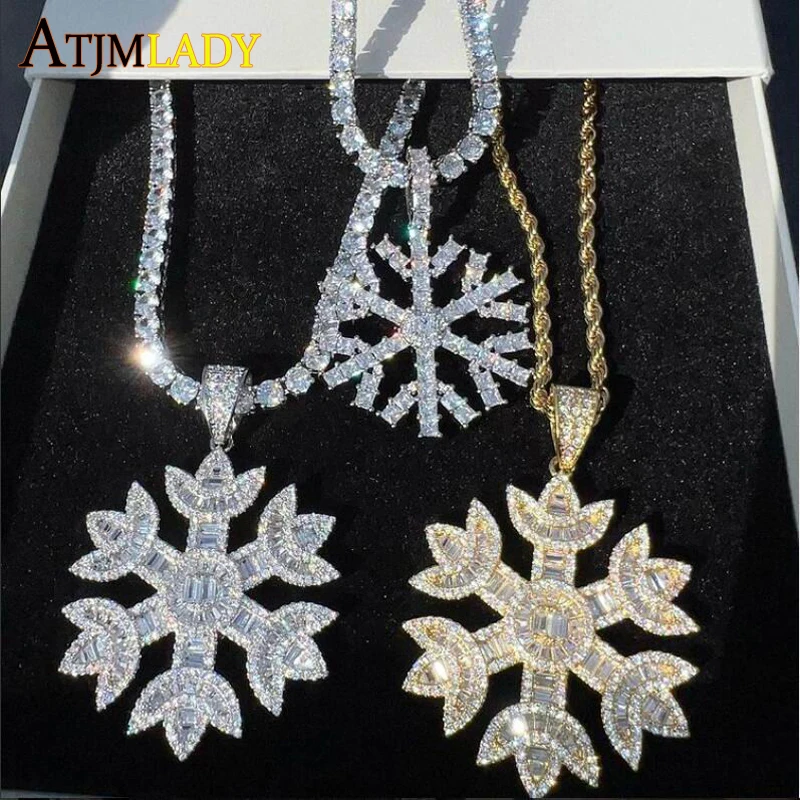 

16" 18" Iced Out Bling Men Women Jewelry 2021 New Arrive Hot Selling Bling 5A Baguette Snowflake Pendant Tennis Chain Necklace