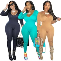 casaul women jumpsuit solid color knit ribbed sporty fitness streetwear mathing skinny long romper women jumpsuit overalls