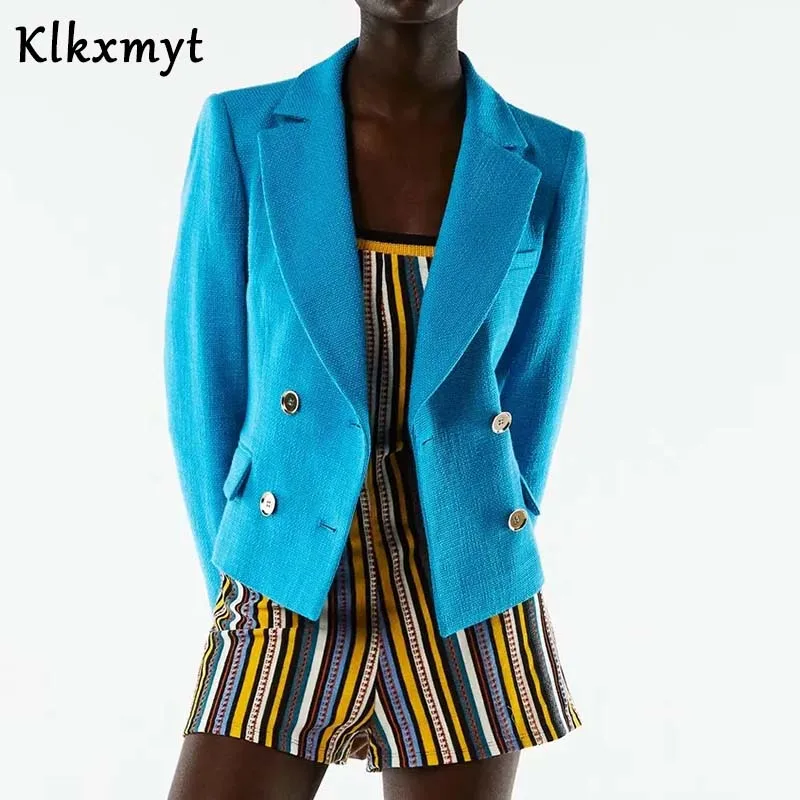 

Za Blazer Women 2021 Blue Tweed Double Breasted Casual Blazer Jacket Fashion Long Sleeve Textured Short Blazers Female Suit Coat