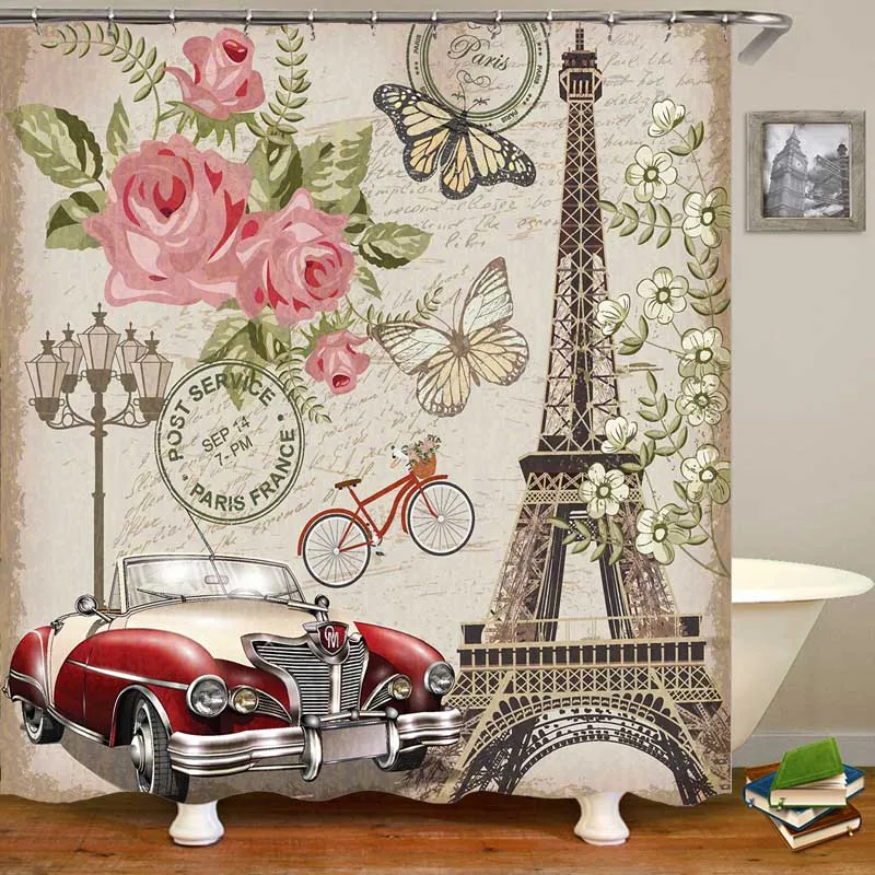 

Vintage Paris Tower Poster Postcard Bathroom Curtains Shower Curtain London New York Rose Butterfly Waterproof Curtains for Bath