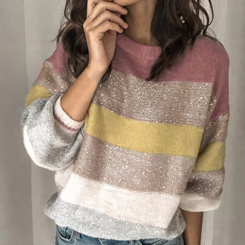 Женский трикотажный свитер с круглым вырезом длинным рукавом | Женская одежда