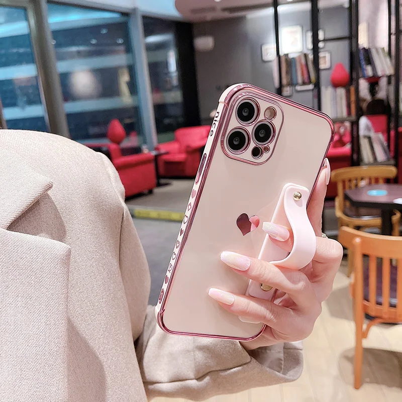 

Wrist Strap Phone Case For iPhone 11 Pro Max X XR XS Max 7 8 Plus Plating Love Heart Bumper 12 Pro Max Back Cover