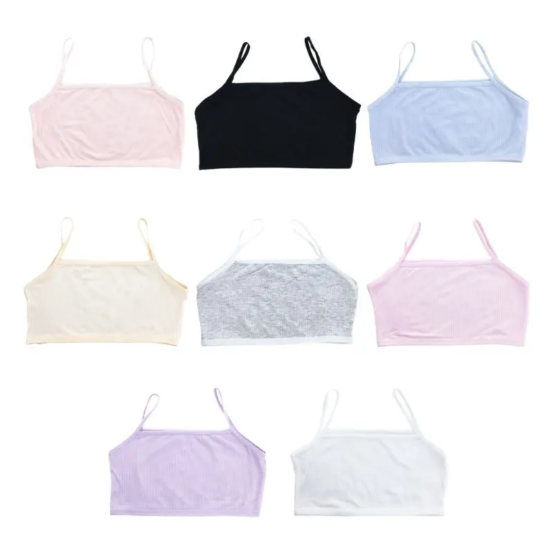 

Student Girls Training Bra Spaghetti Strap Ribbed Bandeau Cami Crop Underwear C5AA