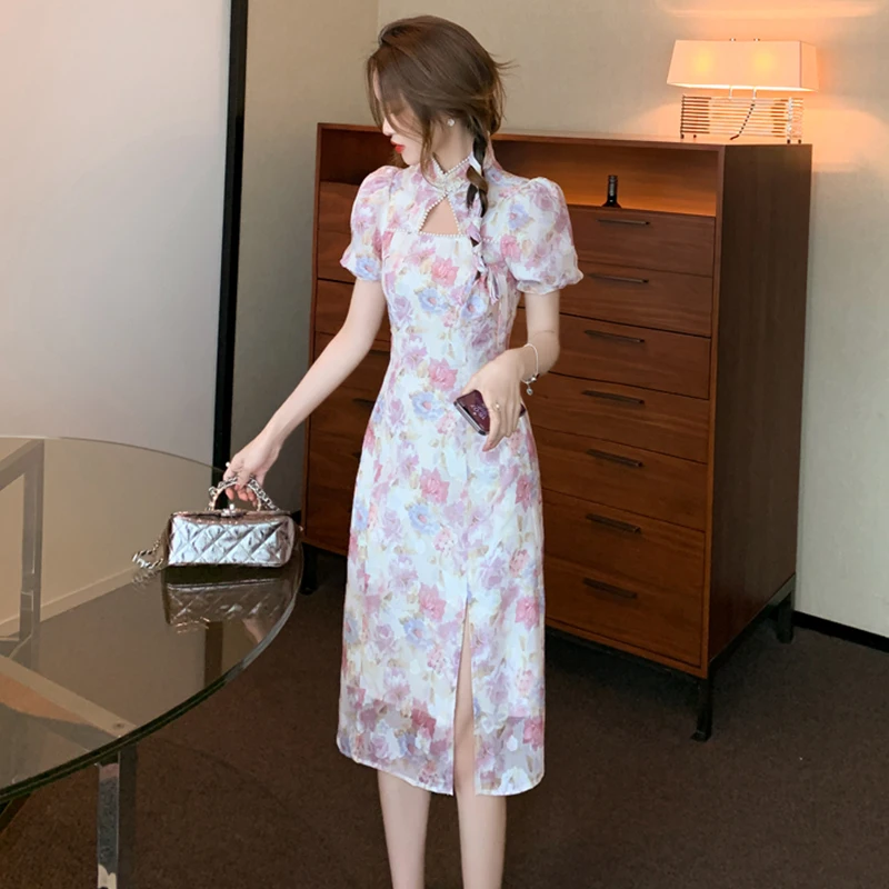 

Женское шифоновое платье-миди с цветочным принтом, розовое ажурное пляжное винтажное платье в Корейском стиле, элегантное облегающее плать...