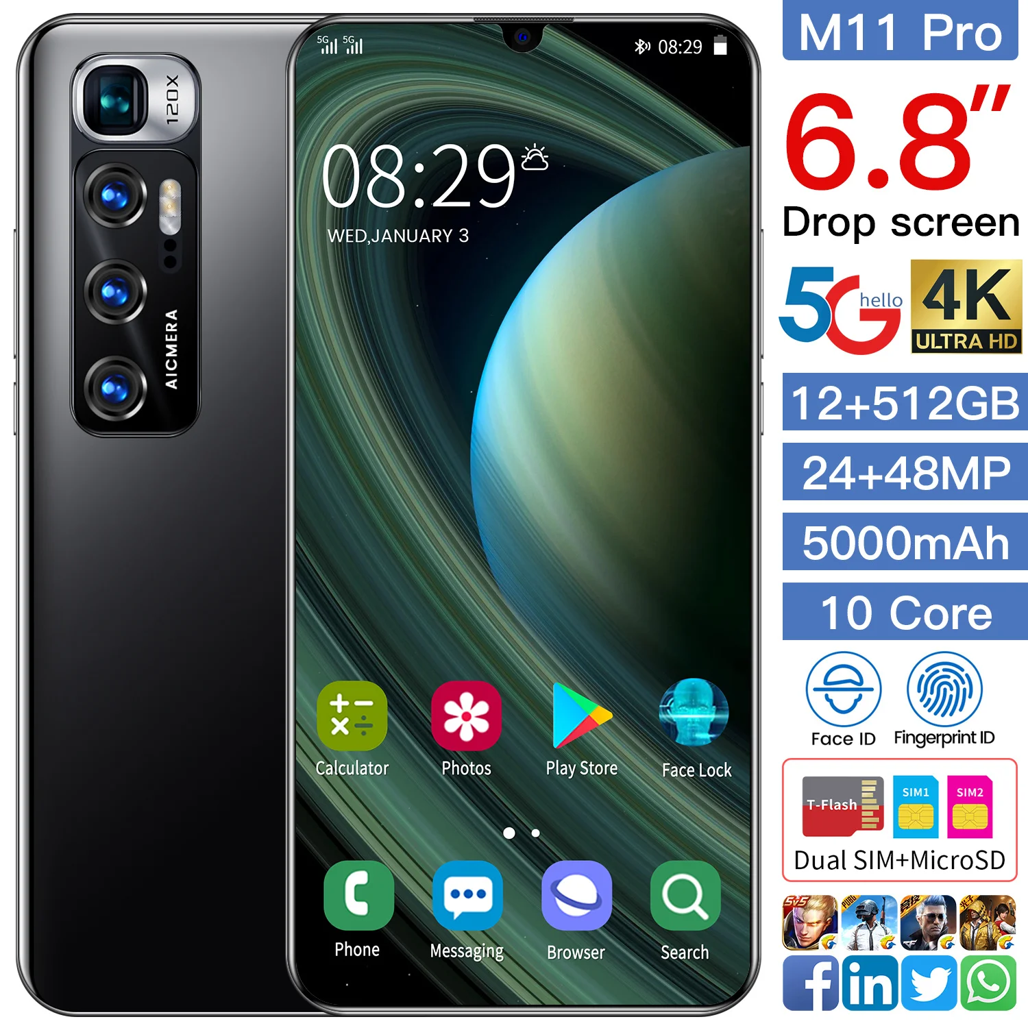 

Global Version M11 Pro Mobile Phone 6.8 Inch Full Screen Snapdragon 888 24MP 48MP Camera Face ID 12GB 512GB 5000MAH Smartphone