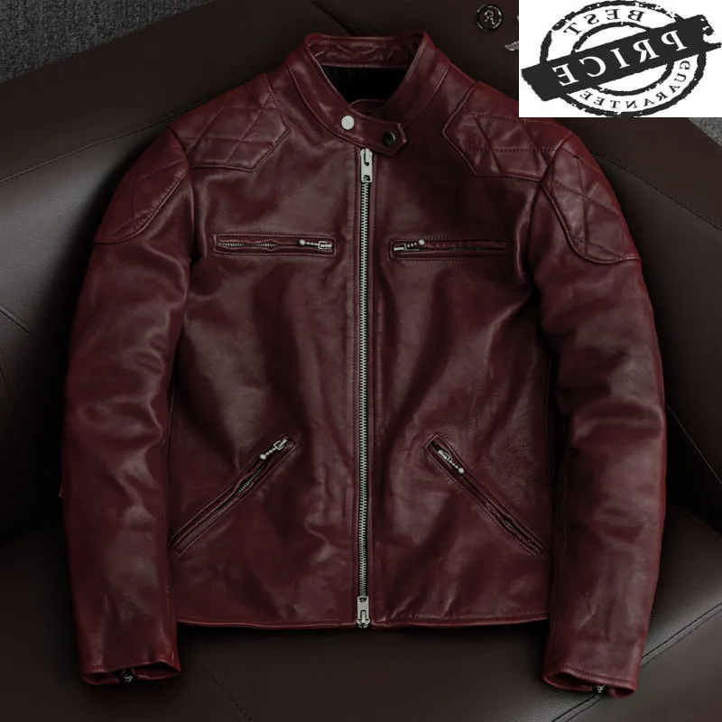 

Vintage Leather Jacket Men Streetwear Motorcycle Jackets Sheepskin Coat Sand Collar Red Mens Clothing Blouson Cuir Homme