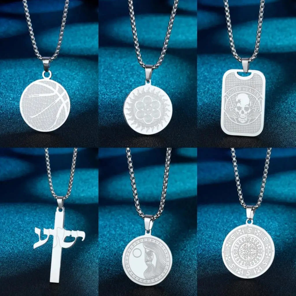 

Metal Silver Vintage Punk Necklace For Men Stainless Steel Jewelry Basketball Skull Cross Charm Necklace Party Gift