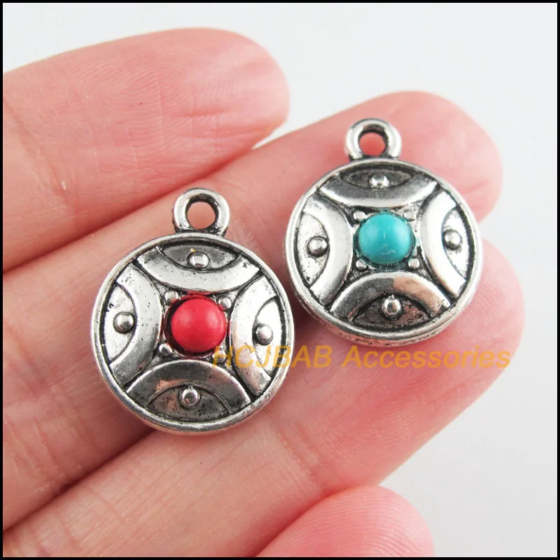 

12Pcs Tibetan Silver Tone Flower Red & Blue Stone Circle Charms Pendants 16x20mm