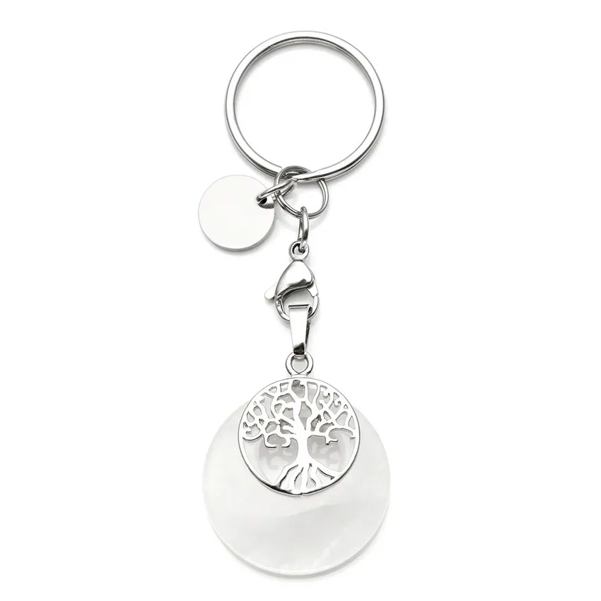 FYJS Unique Silver Plated Circle Lobster Clasp Round Hollow Natural Rock Crystal Key Chain Tree of Life Jewelry | Украшения и