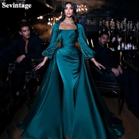 sevintage mermaid 2 pieces arabic prom dresses satin long sleeves formal evening gowns pleats square collar women party gowns