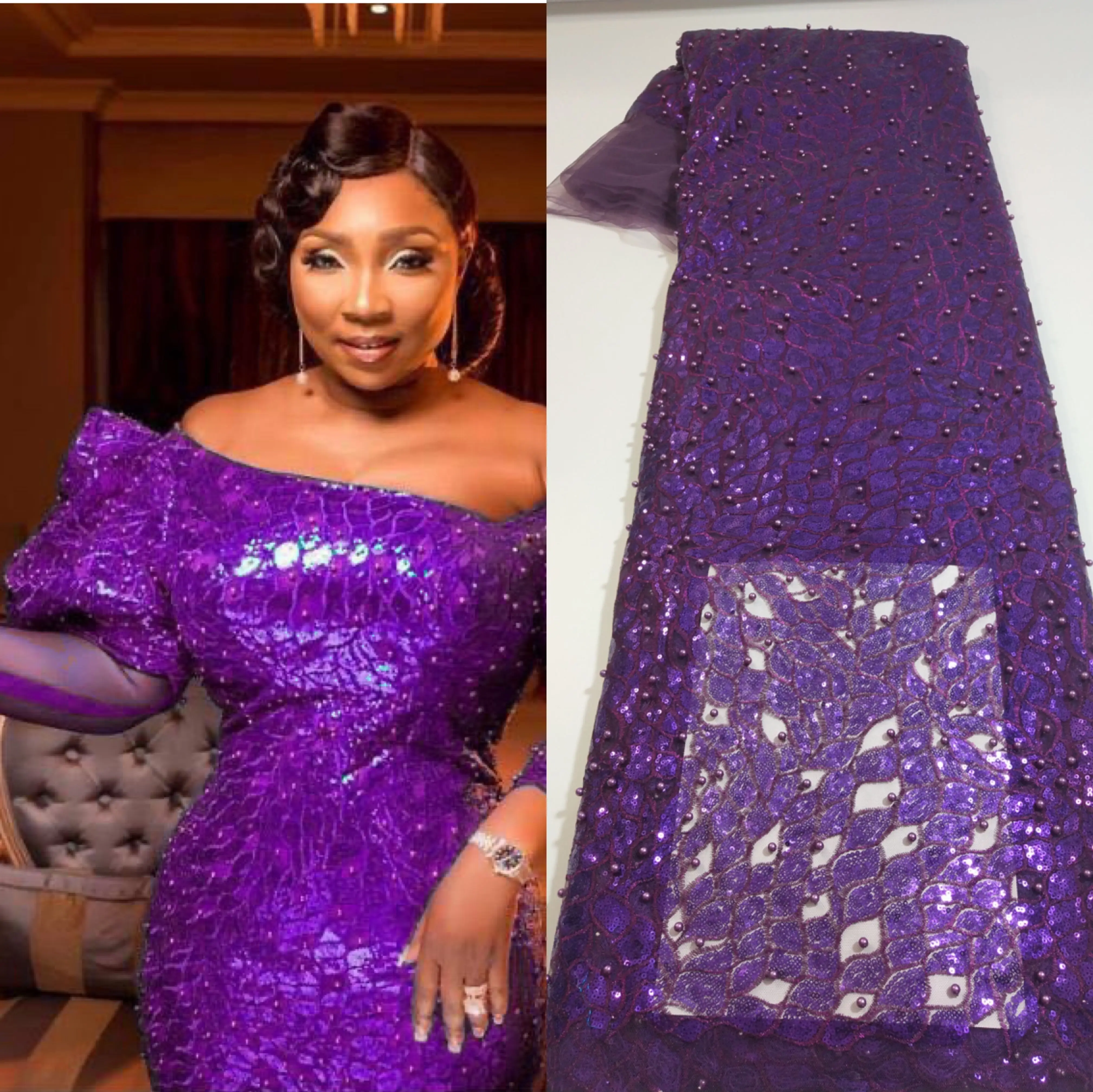 Французский блёстки кружевной ткани с тяжелыми бусинами великолепные платья