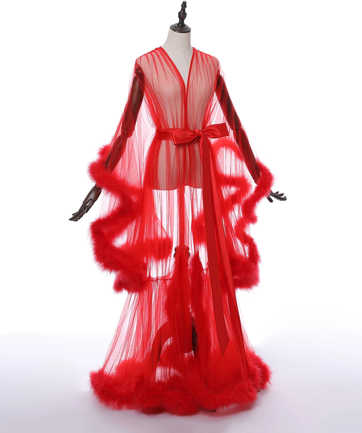 Свадебный будуарный халат с розовыми перьями прозрачный из тюля иллюзионный