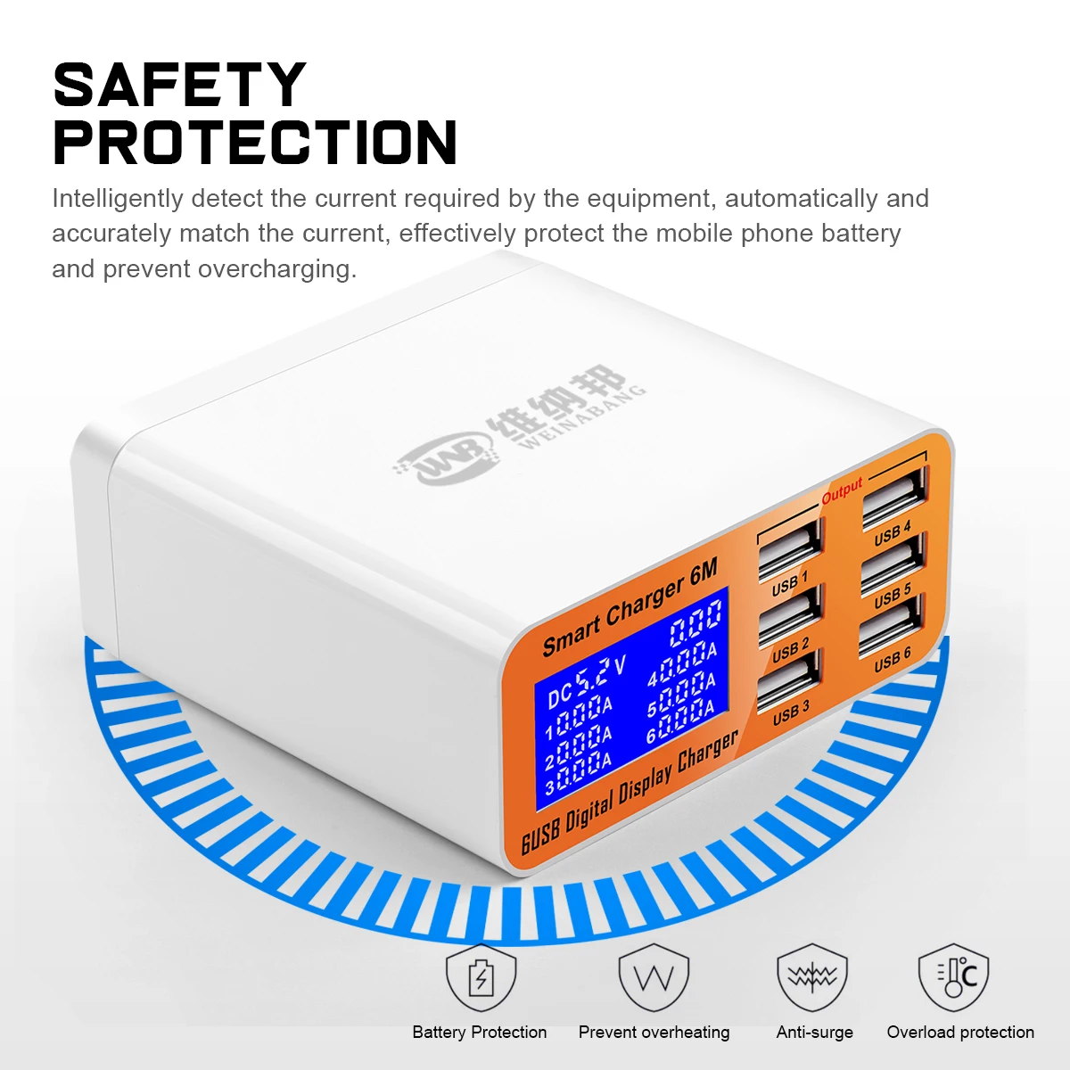 wnb 5v 6a 6 ports usb smart charger with lcd digital display 30w fast charging fast heat dissipation for mobile phone tablet free global shipping