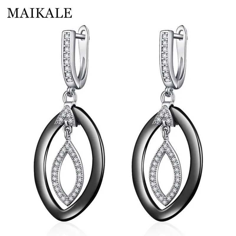MAIKALE, новинка, модные серьги-капли, медь, AAA, кубический цирконий, черный, белый цвет, керамическая подушка, золото, серебро, цвет, серьги для женщин - Окраска металла: silver black