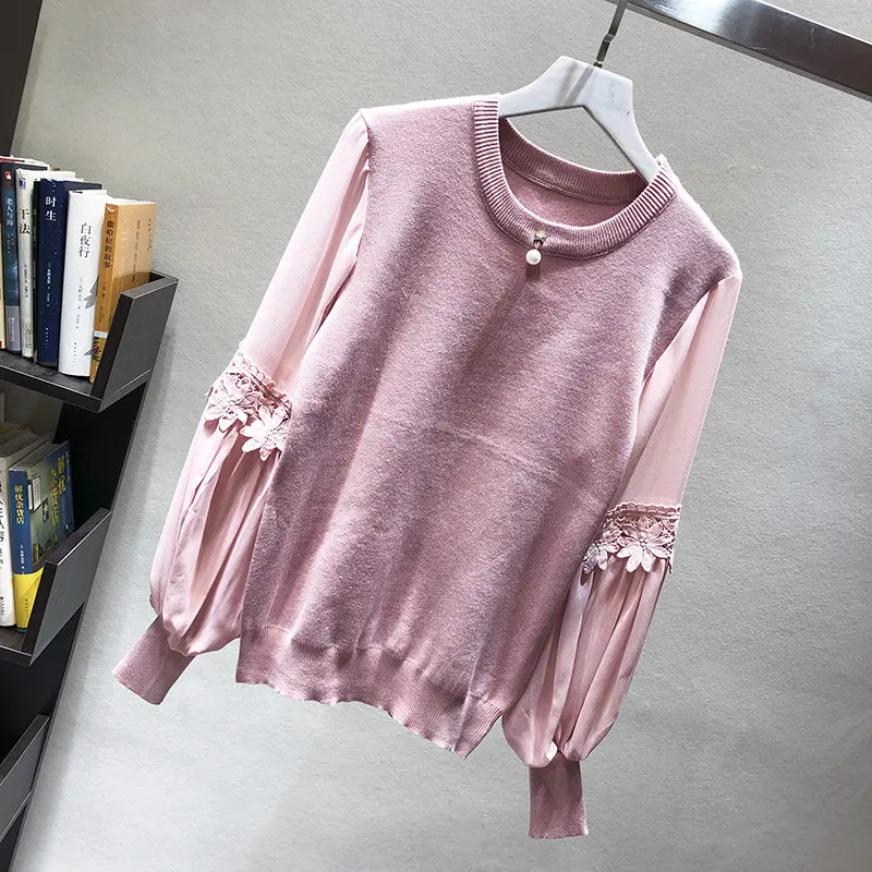 

Women Autumn Winter Embroidery Knitted Lantern Sleeve Embroidery 3D Flower Pullover And Sweaters Female Jumper Pull Femme
